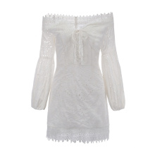 Women Puff Sleeve Shoulder Off Lace Embroidery Dress